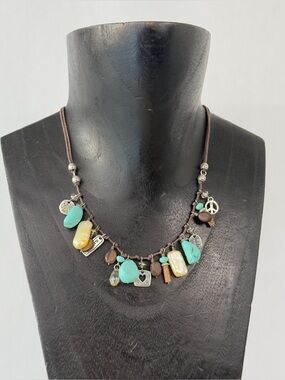Brighton Imagine Leather Cord Charm Necklace Peace, Love & Gratitude Multi Stone